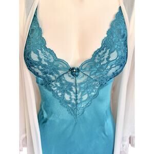 Vassarette Teal Nylon Lace Slip & Sheer White Peignoir Robe Set Size Small